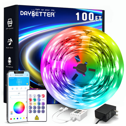 DAYBETTER LED Strip Lights 100ft RGB Lights Strip for Bedroom, Desk, Indoor Room Living Room Brithday Gifts Home Decor with Remote, 24V Power Supply