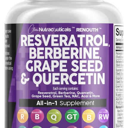 Clean Resveratrol Supplement | Berberine Grape Seed Extract Quercetin Green Tea Extract Acai Noni Polyphenol Supplement for Women & Men N-Acetyl Cysteine