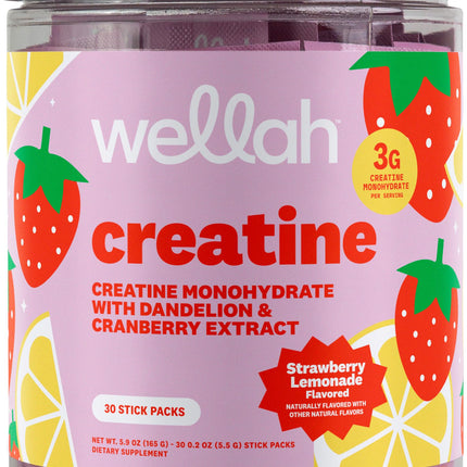 Wellah Creatine for Women (Strawberry Lemonade) 30 Stick Packs - 3g of Creatine Monohydrate with Dandelion & Cranberry Extract, to-Go Packets