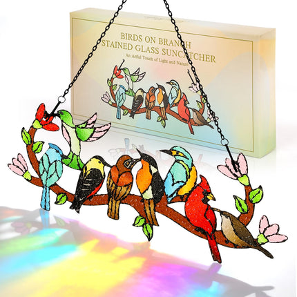 Huray Rayho Stained Glass Sun Catcher Birds On Branch for Indoor Window Hanging, Hand-Painted and Double Side with Gift Packaging, Hummingbird Gifts for Bird Lovers Mom Grandma, Bird Decor Ornament