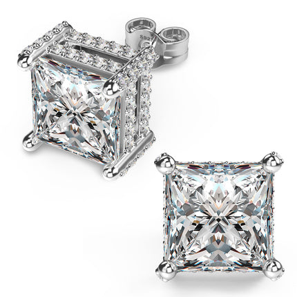 18K White Gold Plated Sterling Silver Pave Square Cubic Zirconia Stud Earrings 4 Prong Princess Cut CZ Simulated Diamond Stud Earrings for Men Women Hypoallergenic (White Gold, 8mm)