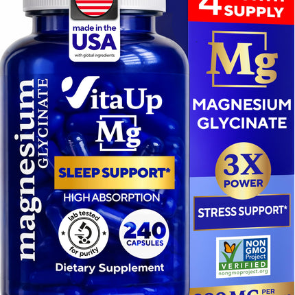 VitaUp Magnesium Glycinate 200mg - USA Made, Highly Absorbed, Non-GMO Magnesium for Relaxation, Deep Sleep, Bones & Heart - 200mg per Serving, 240 Vegan Capsules