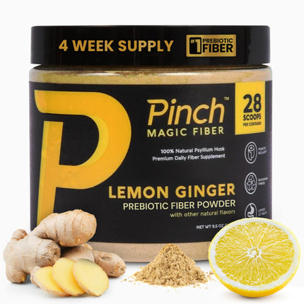 Pinch Magic Sugar Free Fiber Powder – Light Lemon Ginger Psyllium Husk with Bromelain & Vitamins C & D – Vegan, Gluten-Free, Clean Label, USA-Made, GMP-Certified – 28-Day Supply