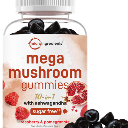 Micro Ingredients Mega Mushroom Gummies | 10-in-1 with Lions Mane, Turkey Tail, Reishi, Cordyceps, Chaga, Maitake, & Ashwagandha | Sugar-Free Raspberry Pomegranate Flavor | Non-GMO | 120 Count