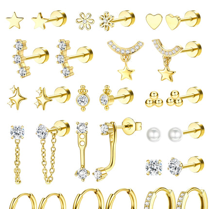 BESTEEL Hypoallergenic Flat Back Earrings Cartilage Earring Stacks 18 Pairs