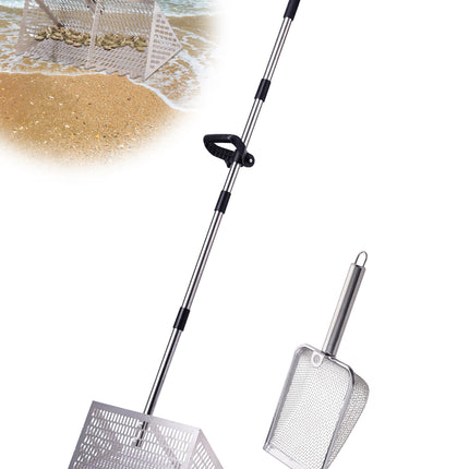Sand Flea Rake 16" Wide - Detachable 54" Handle with Shark Tooth Screen - Steel Beach Rake for Fishing Bait, Shelling, Yard Cleaning