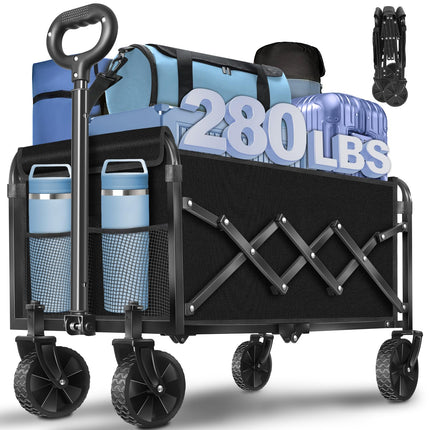 Wagons Carts Foldable, 280 Lbs with Adjustable Handle, Black Lightweight Portable, Collapsible Wagon for Beach Trip, Camping, Shopping, Sports, Travel, Picnic and Grocery (Dark Black)