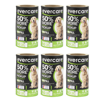Evercare Pet Lint Roller Refill, Manual Operation, 60 Sheets per Roll, 6 Count Refill Pack for Pet Hair Removal, Green