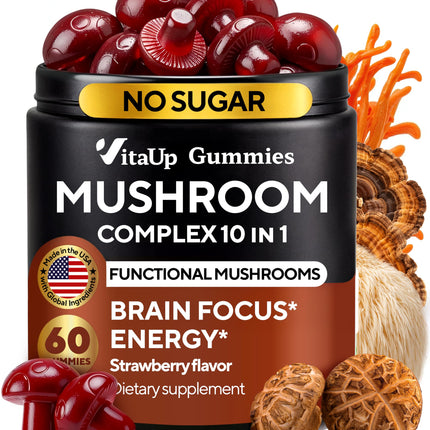 VitaUp Mushroom Supplement - USA Made Mushroom Gummies - Mushroom Complex with Lions Mane, Cordyceps, Turkey Tail, Reishi, Shiitake for Cognitive & Immune Support - 60 Count