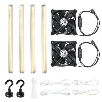 LUVCOSY 4 Pack T5 Grow Light Strips + 2 Pack USB Fans for Indoor Plants, Accessories Set for Indoor Greenhouse Cabinet for IKEA, Full Spectrum Sunlight Grow Lamp & Silent Portable Cooling Fan-ALL IN 1