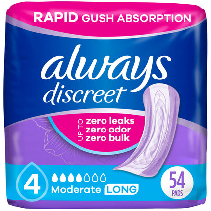 Always Discreet Adult Incontinence Pads for Women, Drier, 4 Drop Long Length, Moderate Absorbency, Pads for Bladder Control Management, Bladder Leaks, & Postpartum Pads, 54ct
