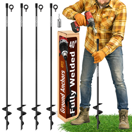 40 Inch Ground Anchor Stakes Heavy Duty – Extra Long Fully Welded Screw in Auger Ground Anchors for Deep Hold Tie Down Outdoor Structures, Earth Anchors for Shed Canopy Tent Yard, Sandy Soil, 4 Pack