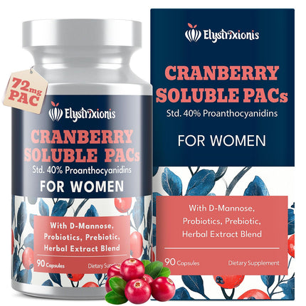 Elystrixionis 72mg PAC, Cranberry Pills for Women - Organic Cranberry Juice Extract Plus 1000mg D-Mannose, Supports Urinary Tract Health, Cranberry Supplement - 90 Capsules