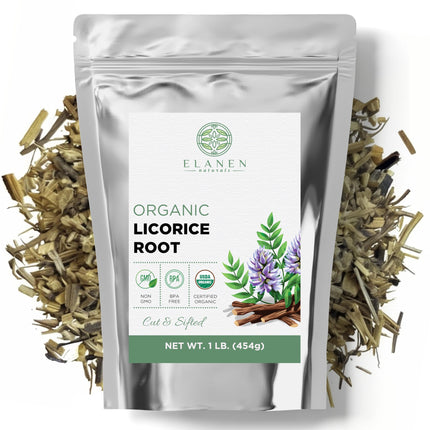 Elanen Naturals Organic Licorice Root 1 lb. (16 oz.), USDA Certified Organic Licorice Root Tea, Licourice Bulk Chopped, Liquorice, Raiz de Regaliz Licrice, Glycyrrhiza glabra, Cut & Sifted