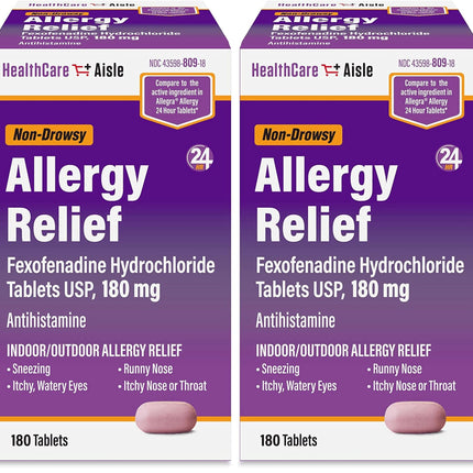 HealthCareAisle Allergy Relief - Fexofenadine Hydrochloride Tablets USP, 180 mg - 180 Tablets - Allergy Medication, Non-Drowsy 24-Hour Relief, (Pack of 2)