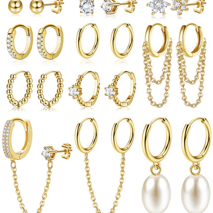 HAIAISO 10 Pairs Small Gold Huggie Hoop Earrings for Women Lightweight Double Piercing Chain Earrings 14K Gold Plated Dainty Ball Stud Earrings Hypoallergenic Gold Earring Set