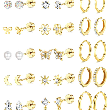 LOLIAS 14K Gold Plated Flat Back Earrings - Hypoallergenic Surgical Stainless Steel Stud Hoop Earrings for Women Girls Kids Cute Stud Earring Set Small Huggie Hoops Cartilage Earring Stacks