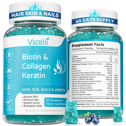 Vazatisi 2 Pack Biotin Gummies with Collagen & Keratin for Hair Skin Nails- Women Men, Kids - 120 Blueberry Flavored Gummies