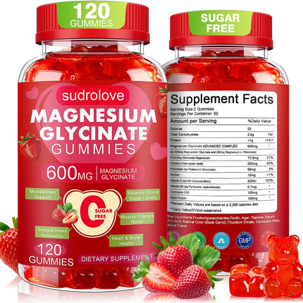 Magnesium Glycinate Gummies 600mg – Sugar Free Magnesium & Potassium Dietary Supplement with Vitamin D, B6 and CoQ10 for Calm Support & Sleep for Adults - High Absorption -Strawberry Gummies