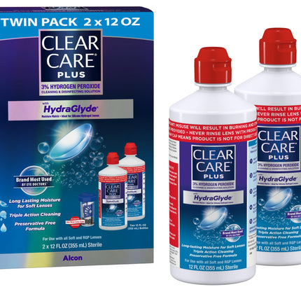 CLEAR CARE PLUS Cleaning & Disinfecting Contact Lens Solution (12 oz, Pack of 2), HydraGlyde Moisture Matrix, For Soft & RGP Lenses, Preservative-Free, Included Lens Case, Deep Cleaning Action