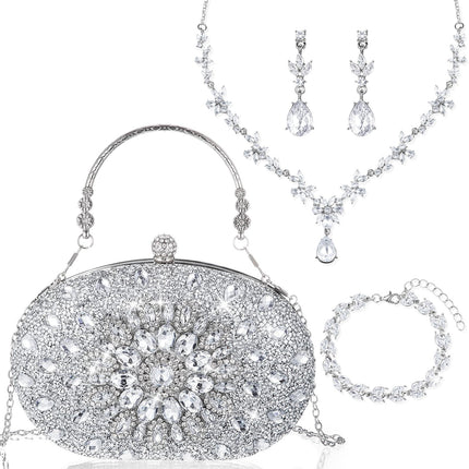 Quelay 4 Pcs Purse Rhinestone Jewelry Set for Wedding Bridal Women Evening Clutch Bag Necklace Dangle Earrings Bracelets(Silver,Stylish Style)