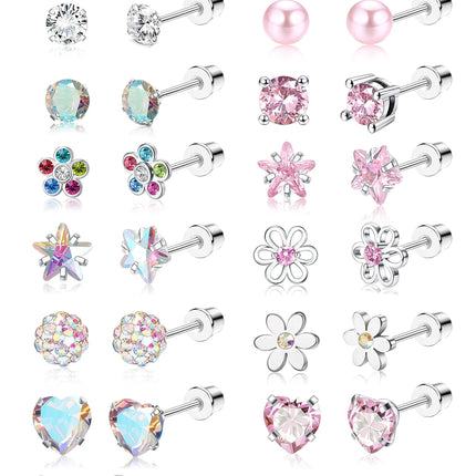 CASSIECA 16Pairs Hypoallergenic Screw Back Earrings for Girls Stud Earrings