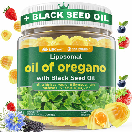 Oil of Oregano with Black Seed Oil Filled Gummies - 2 Months Supply - Aceite De Oregano Capsulas Alternative, Carvacrol & Thymoquinone with VE, VC, D3, Zinc, Liposomal Form, Sugar Free, Berry Flavor