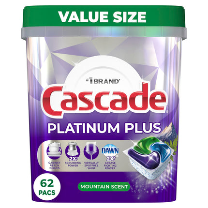 Cascade Platinum Plus ActionPacs Dishwasher Detergent Pods, Dishwasher Soap, Cleaning Supplies, Mountain, 62 Count