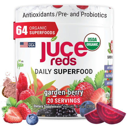 Terra Kai Organics JUCE Reds Organic Superfood Powder - Garden Berry Flavor | Fruit & Veggie Powder for Everyone w/64 Immune Boosting Superfood Plus Probiotics for Gut Health | 20 Servings (230g)
