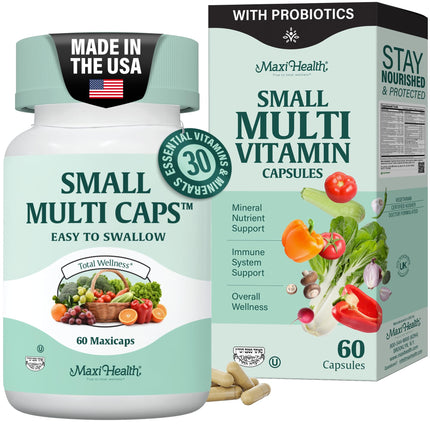 Maxi Health Multivitamin – Easy to Swallow Multi Vitamin Capsules with 30 Nutrients, Iron & Probiotics – Kosher Daily Multivitamins Small Capsules for Wellness Support & Digestive Ease (60 Units)