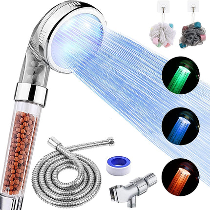 FASTRAS LED Shower Head with Handheld, High Pressure Shower Head with Hose, Holder & PTFE Tape etc, 3 Water Temperature-Controlled Water Saving Filtered Shower Head for Dry Hair& Skin