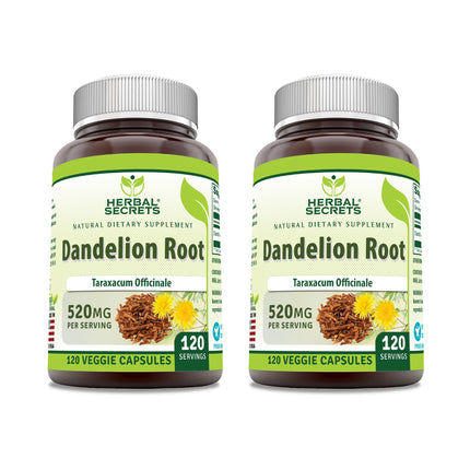 Herbal Secrets Dandelion Root 520 mg Veggie Capsules Supplement | Non-GMO | Gluten Free | Made in USA (120 Count | 2 Pack)