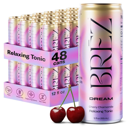 BRĒZ Dream Reishi Mushroom Drink, Non-Infused Relaxing Tonic with Reishi, Chamomile, Tart Cherry, Magnesium & L-Theanine, Vegan Adaptogen Drink for Sleep, Calm & Mood, 12 fl oz - 48 Pack