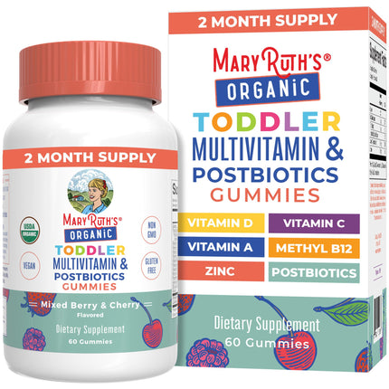 MARYRUTH'S Organics Toddler Multivitamin Gummies + Postbiotics | USDA Organic | Vitamins for Kids Ages 2+ | Immune Support | Vitamin C | Vitamin D3 | Vitamin A | Zinc | Vegan | Non-GMO | 60 Servings