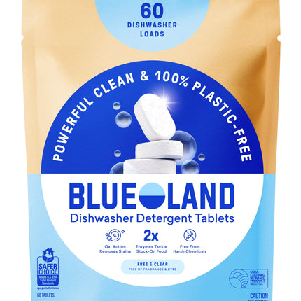 BLUELAND 100% Plastic-Free Dishwasher Detergent Tablets, 60 Count, Free & Clear, Eco-Friendly Dishwashing Pods, Natural, USDA Certified biobased