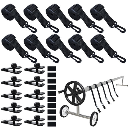 30Pcs Adjustable Length Upgraded Pool Solar Cover Reel Strap Pool Cover Reel Attachment Straps Pool Reel Strap Kit Including 10 Solar Cover Reel Blanket Straps with Hooks,10 Clamps,10 Touch Fastener