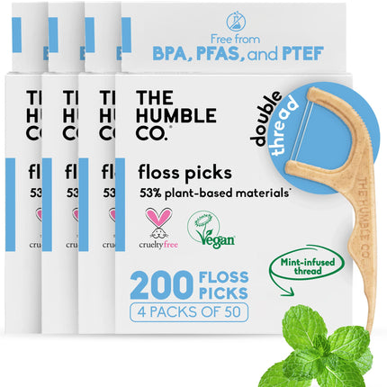 The Humble Co Dental Floss Picks for Teeth, 200 Count (Mint) - Double Thread Tooth Picks Flossers for Adults Gum Health - Toothpick Floss for Interdental Oral Care & Hygiene