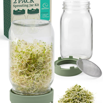 Elementi Sprouting Jar Kit - Set of 2 Wide Mouth Mason Jars with Sprout Lids & Stainless Steel Mesh Screen - Seed Sprouting Kit & Sprout Jars for Growing Broccoli Sprouts, Alfalfa, Mung Bean Sprouter