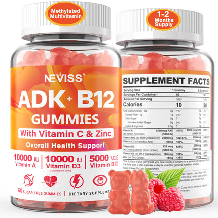 Methylated Multivitamin Women Men, Vitamin D3 K2 5000IU / 10,000IU, B12 5000 mcg 2500mcg, K2 (MK-7) 240mcg- ADK+Methyl Vitamin B12, Vegan D3,Vitamin A,C,Zinc Eye,Bone,Energy,Immune, Sugar-Free Gummies