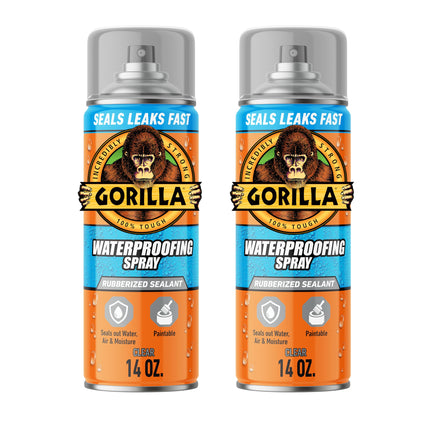 Gorilla Waterproofing Spray Clear, Flexible Rubberized Sealant Coating, Paintable UV Resistant, Seals Water Air Moisture, 14 oz (Pack of 2), for Roofs Gutters Skylights RVs Windows & More