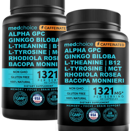 12-in-1 Nootropic Brain Supplement with Caffeine Anhydrous - Ginkgo Biloba for Brain Support, Memory, Focus - B12, Alpha GPC, L Theanine, Choline Supplements with Bioperine, 1321mg, (60ct, Pack of 2)