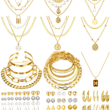 FAXHION 68 Pcs Gold Jewelry Set for Women with 7 Necklace, 17 Bracelet, 5 Hoop Earrings, 15 Stud Earrings, 24 Knuckle Rings for Women Jewelry Set for Women Gift