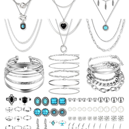FAXHION 73PCS Western Silver Jewelry Set for Women, Boho Layered Necklaces & Stackable Rings Set, 14 Necklaces 15 Bracelets 26 Earrings 18 Knuckle Rings, Vintage Costume Jewelry Gift