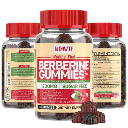 VIDAVITE Berberine with Ceylon Cinnamon Gummies — Sugar-free, 98% Pure & 10x Absorption — 1200mg HCL Organic Berberine Supplement for Weight Management, Immunity, Metabolic & Digestive Health(30 Days)