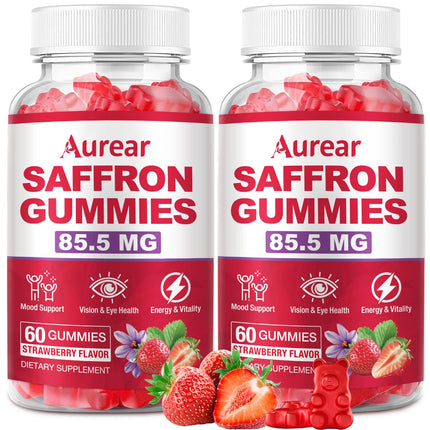 Aurear 2 Pack Saffron Gummies, 10-in-1 Saffron Supplement, Contains 88.5 mg of Saffron Extract, Mood & Sleep Support, Sugar-Free, Strawberry Flavor, 120 Count