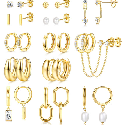 BESTEEL 13 Pairs Small Stud Hoop Earrings Set for Women, Gold Earrings Pack