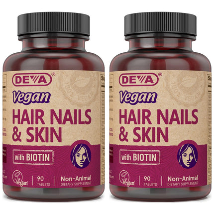 DEVA Vegan Vitamins Hair, Nails & Skin Supplement with 500 mcg of Biotin Per Tablet 90 Tablets (Pack of 2)
