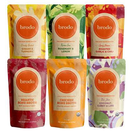 Brodo Broth Collagen Variety Pack, Ginger & Turmeric, Rosemary & Lemon, Coconut Curry & lime, Chicken Broth, Hearth Broth, Roasted Garlic and Chili, No Preservatives Collagen 8 oz (Pack of 6)