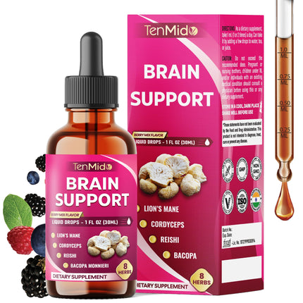 Tenmido Brain & Focus Support Liquid Drops - 8in1 with Lions Mane, Cordyceps, Reishi, Bacopa, Ginkgo Biloba, Phosphatidylserine, Rosemary, and Gotu Kola - 30ml 1 Fl Oz
