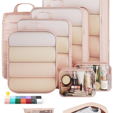 Veken 9/11 Set Compression Packing Cubes for Travel Essentials,Compressible Expandable Large Luggage Suitcase Organizer Bags for Clothing,Durable Space Saver Storage Bags with Toiletry Bags(Beige)